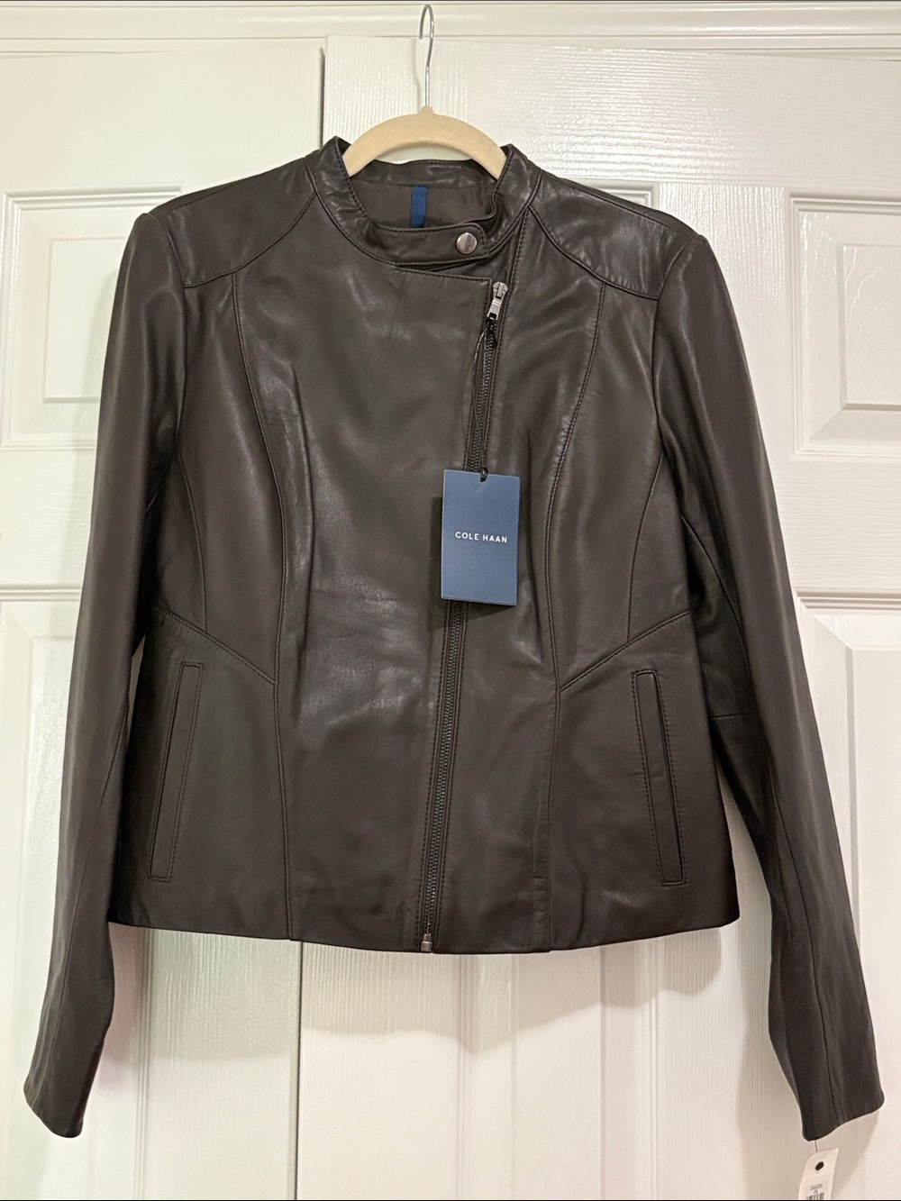 NWT Cole Haan Women's Chocolate Brown Leather Asymmetrical Zip Jacket size S